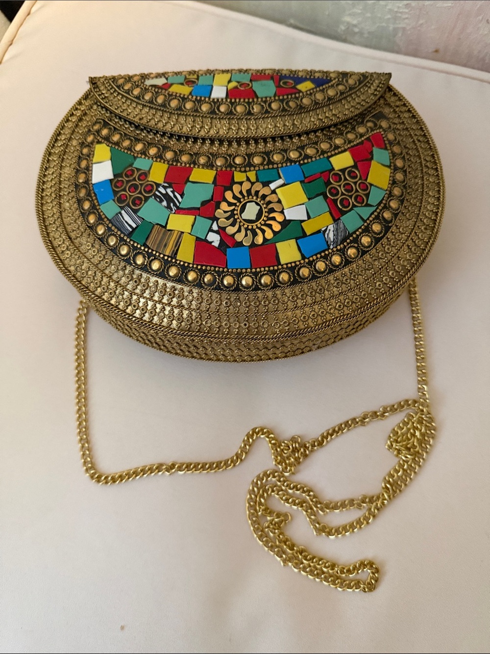 Ramla Kimy’s Metal Gold Mosaic Half-Moon Crossbody Bag - Multicolor Accent Good - Picture 7 of 11